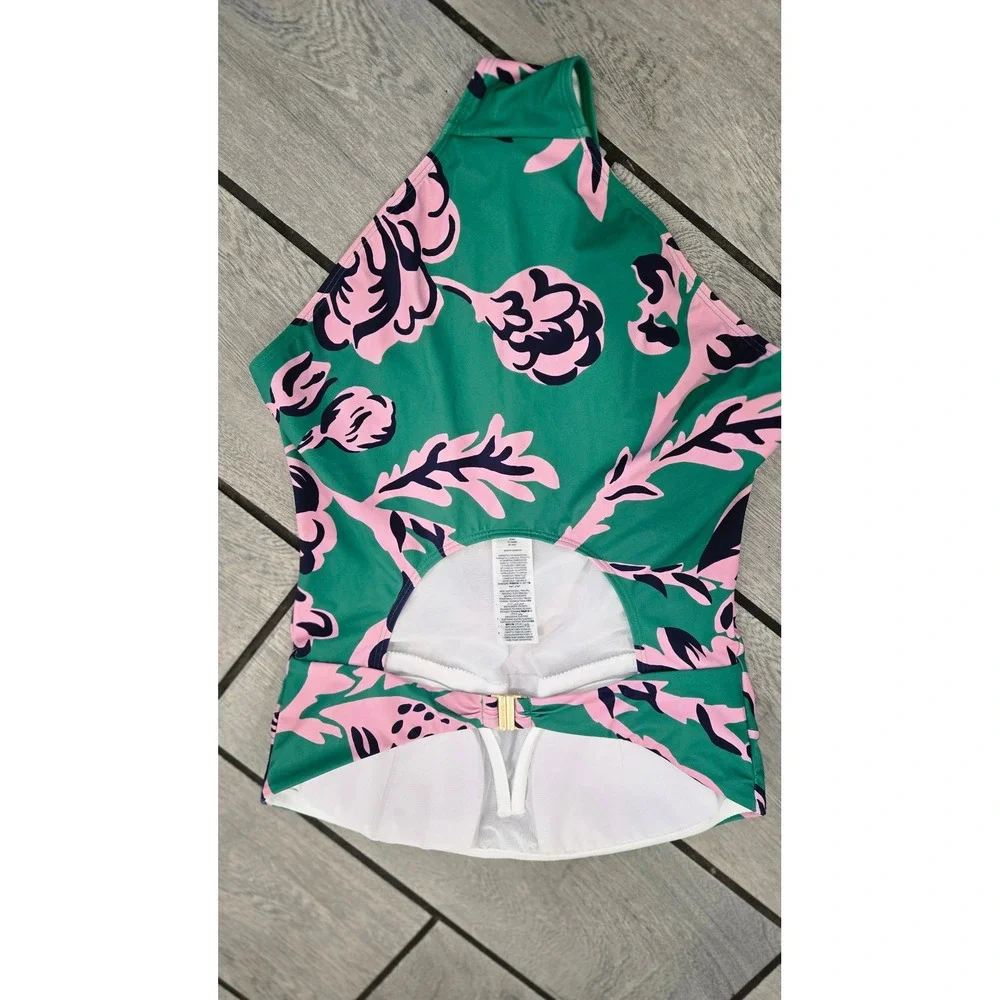 Boden Green Pink Floral Halter One Piece Swimsuit Size 36C S0356